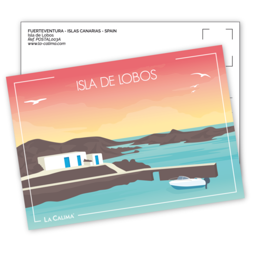 Carte postale de l'île de Lobos à Fuerteventura. Village El Puertito en illustration créée par La Calima
